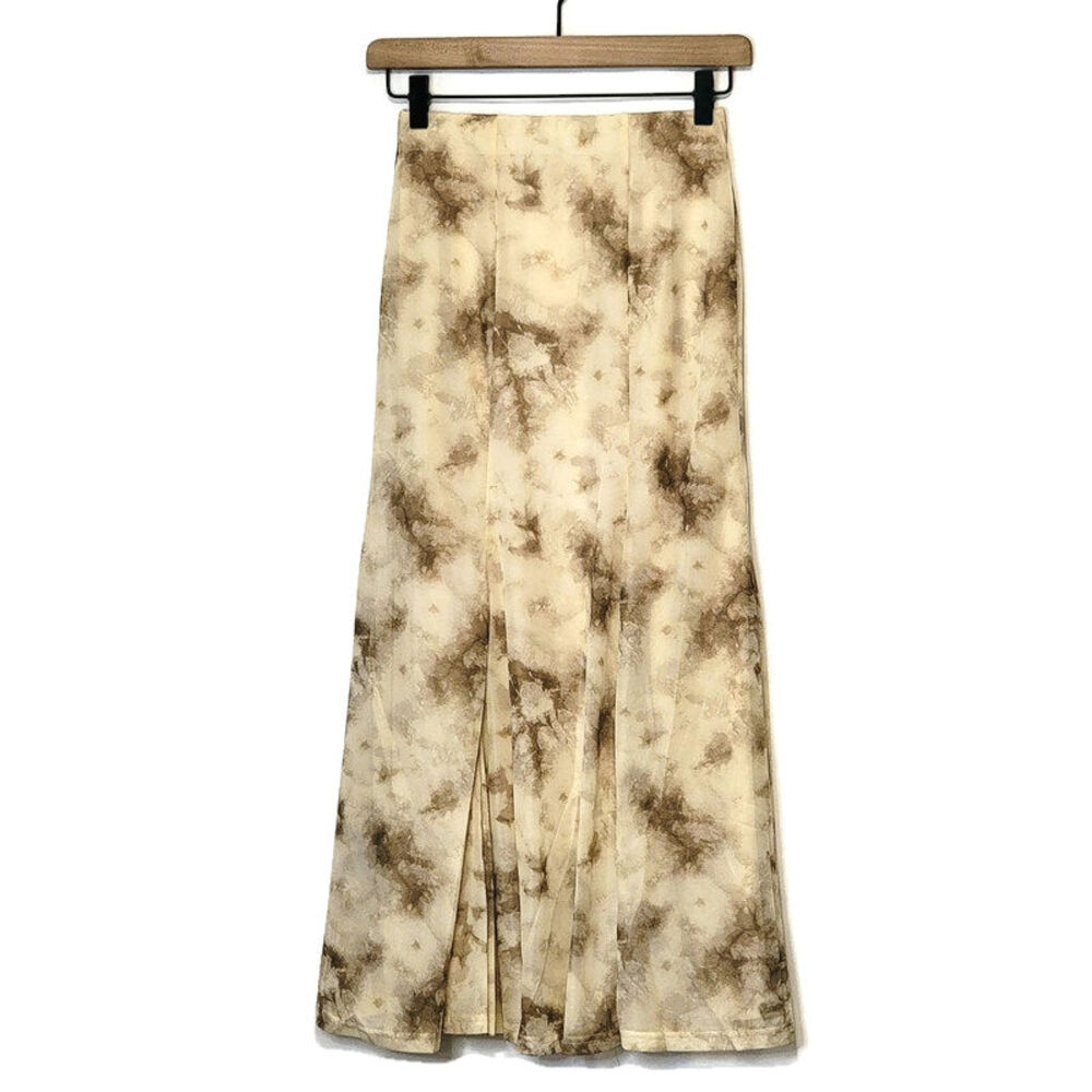 Moon River Pleated Midi Skirt Brown Cream Print Flowy Feminine Office Casual  XS